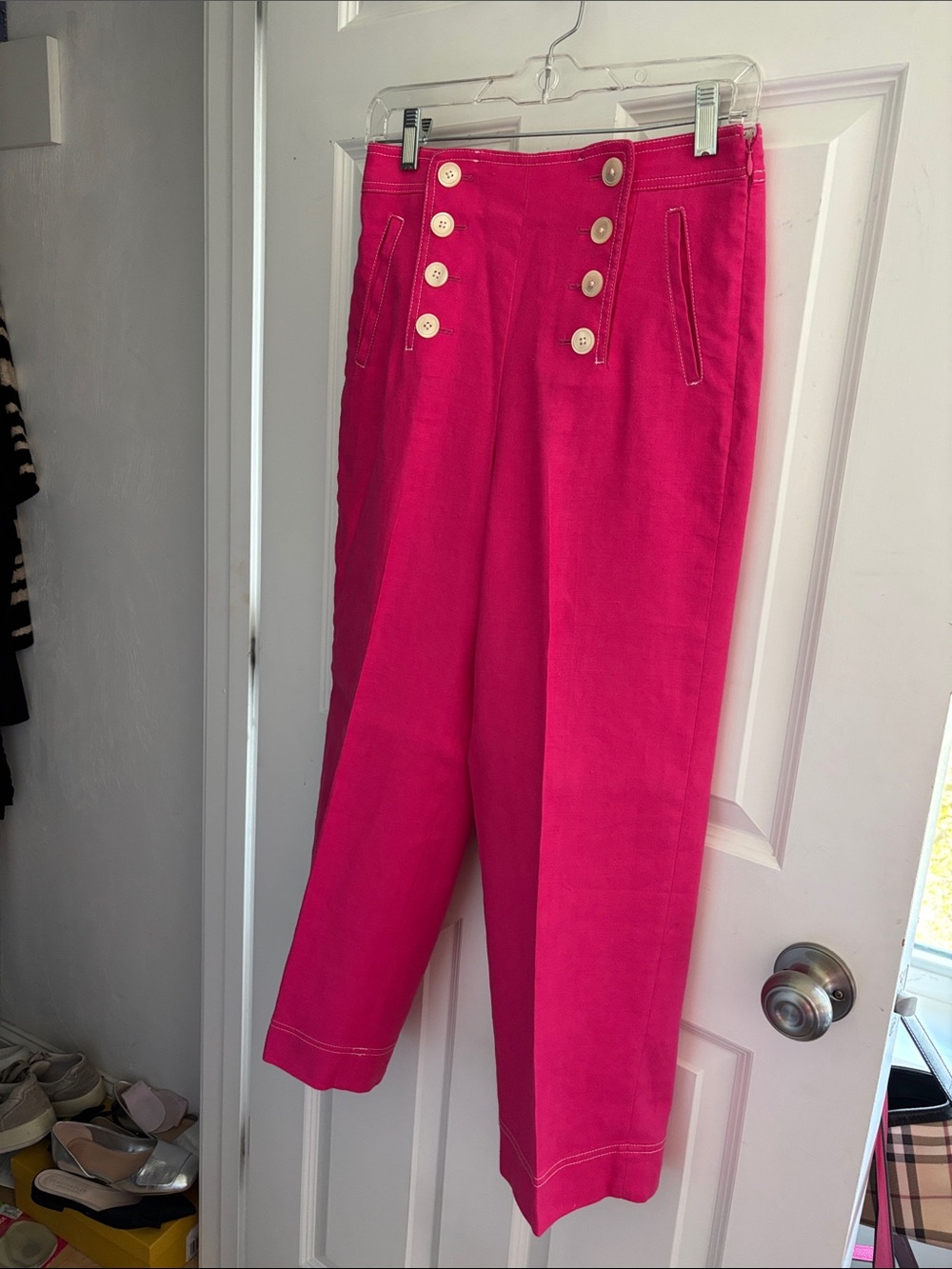 J Crew High-Waist Button-Front Pink Linen “Sailor” Trousers